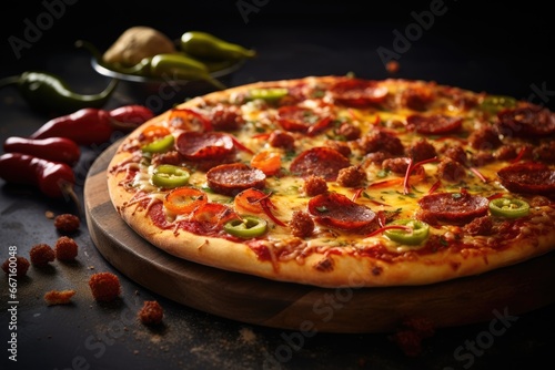  a pizza with pepperoni, peppers, and sausage on a cutting board. generative ai