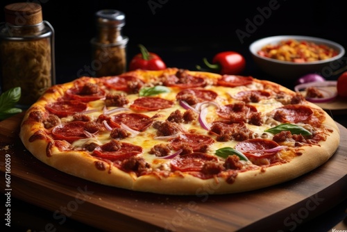  a pizza sitting on top of a wooden cutting board next to a bowl of food. generative ai