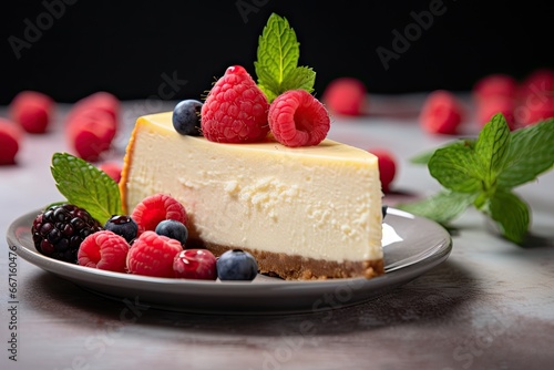  a piece of cheesecake with berries and mint on a plate.  generative ai