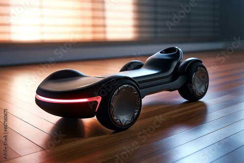 Sleek hoverboard with black finish, simulated digitally. Generative AI