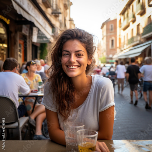 jeune fille souriante attablée à une terrasse de bar en extérieur en train de consommer une bière photo