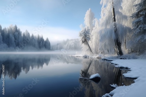 A wintery scenery featuring a frozen lake and snow-capped trees. Generative AI photo