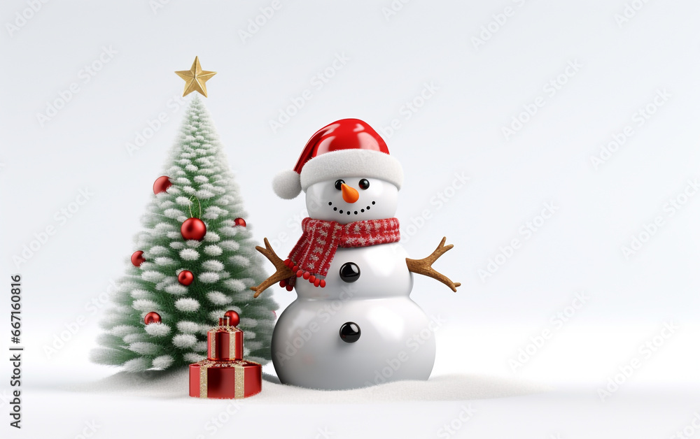 A 3d Christmas snowman with xmas tree, gifts and snow, with white background and space for copy A 3d Christmas snowman with xmas tree, gifts and snow, with white background and space for copy