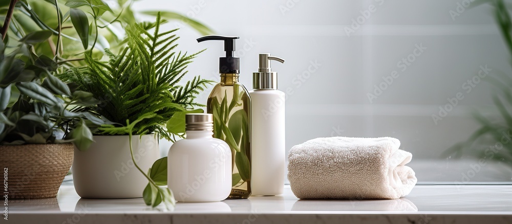 Various bathroom items and plants on counter