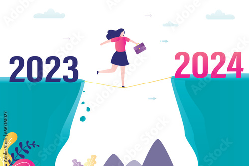 Female employee or businesswoman walking at rope from cliff to other side. concept of change from 2023 to 2024. moving forward, goals, hopes, overcoming obstacles