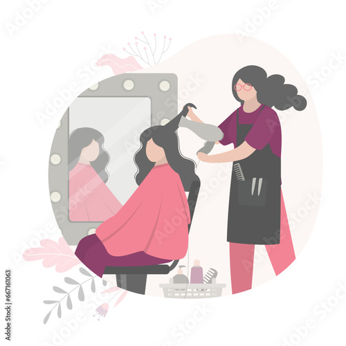 Young woman visiting beauty salon. Hairdresser master doing haircut for girl cutting hair in front of mirror. Recreation in grooming place, barbershop, beauty studio