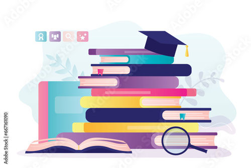 Reading books to gain knowledge, intelligence and thinking skill, lifelong learning, study for personal growth, education concept. Learning process, stack of textbooks.