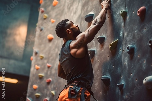 African sportsman exercises climbing on climbing wall