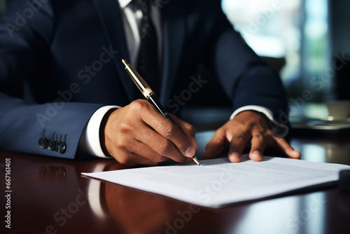Close-up of businessman signing contract at desk in office. Businessman sitting at table and signing document. photo