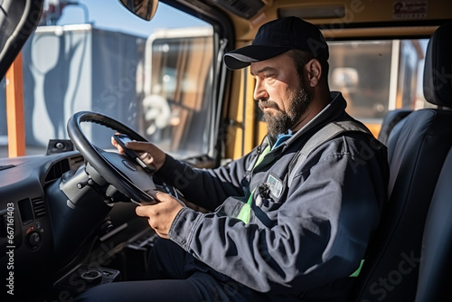Portrait of mature auto mechanic using digital tablet while sitting in truck