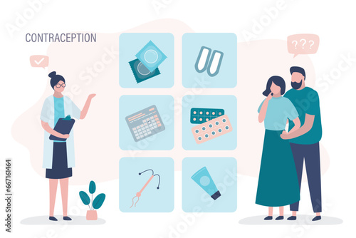 Doctor talks love couple about different types of contraception. Sexual health and gynecology. Gynecologist talks about contraceptives. Condoms and pills.
