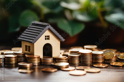 Miniature house with stack of coins on wooden background. Real estate concept. photo