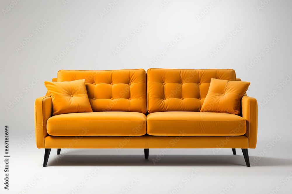 © Muhammad Shahzad - Modern orange leather sofa with pillows on gray background. 3d render © Muhammad Shahzad - Modern orange leather sofa with pillows on gray background. 3d render