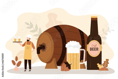 Brewer standing near barrel and holds tray with mugs of craft beer. Brewery, craft beer production, brewing process.