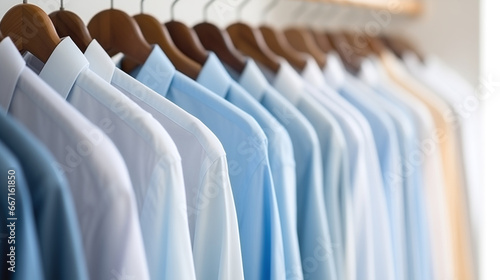 Clean clothes white and blue men's shirts on hangers after dry-cleaning or for sale in the shop. Saling concept. Generated AI
