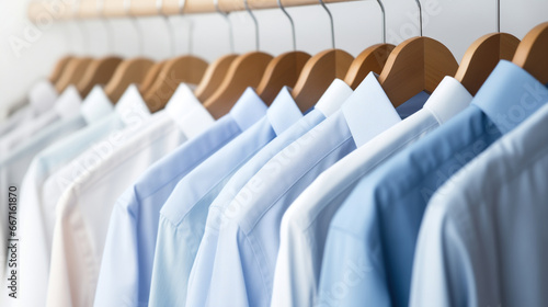 Clean clothes white and blue men's shirts on hangers after dry-cleaning or for sale in the shop. Saling concept. Generated AI photo