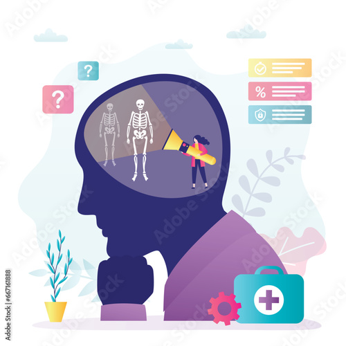 Woman psychologist in head of man illuminate mind with flashlight. Female doctor search and tries to cure phobias and fears. Help of psychotherapist.