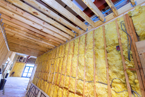 Mineral wool wall assembly with fiber cotton thermal insulation in construction building photo