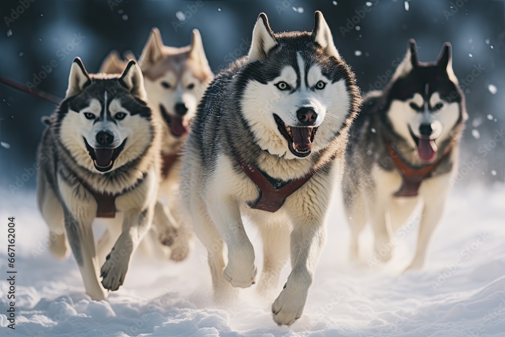 Siberian husky dogs running in the snow. Winter competition, Husky sled dog racing. Winter competition. Siberian husky dogs pull sled with musher, AI Generated Siberian husky dogs running in the snow. Winter competition, Husky sled dog racing. Winter competition. Siberian husky dogs pull sled with musher, AI Generated