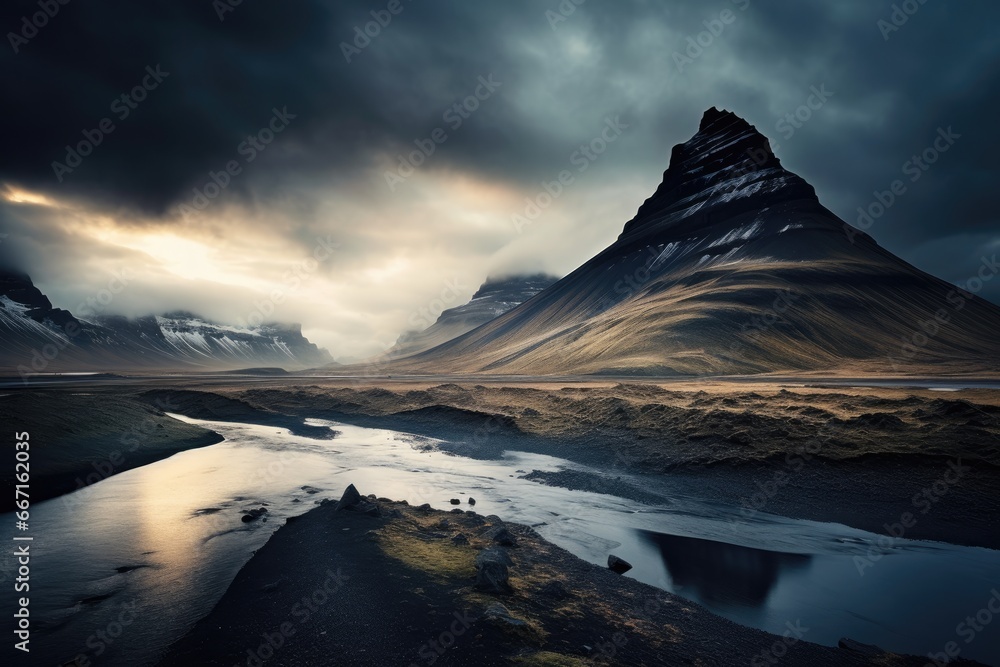Beautiful landscape with Kirkjufell mountain in Iceland, Europe, Iceland beautiful landscape photography, beautiful girl in swimsuit in the clod, AI Generated - obrazy, fototapety, plakaty 