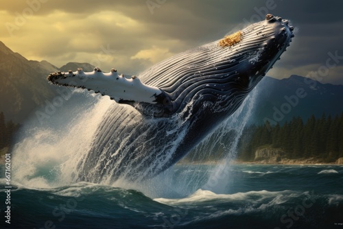 Humpback whale in the Pacific Ocean. 3D Rendering, Humpback whale jumps out of the water. Beautiful jump, AI Generated © Ifti Digital