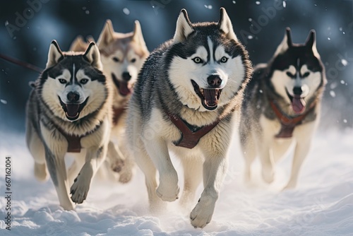 Siberian husky dogs running in the snow. Winter competition  Husky sled dog racing. Winter competition. Siberian husky dogs pull sled with musher  AI Generated