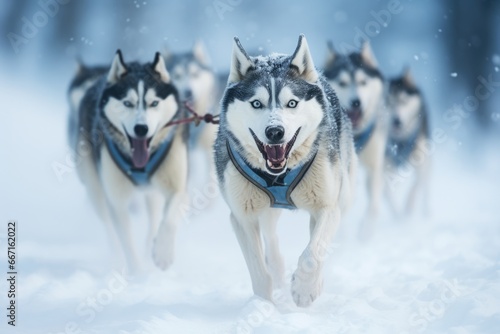 Siberian husky dogs running in the snow in winter, Husky sled dog racing. Winter competition. Siberian husky dogs pull sled with musher, AI Generated © Ifti Digital