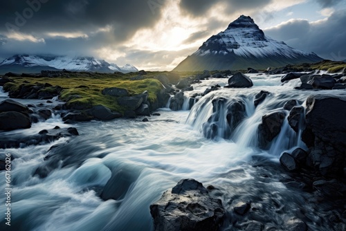 The waterfall in Kirkjufell glacier, Iceland, Europe, Iceland beautiful landscape photography, beautiful girl in swimsuit in the clod, AI Generated