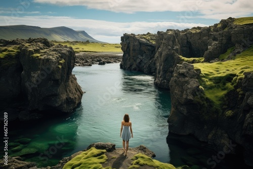 Young woman standing on the edge of a cliff with a view of the river. Iceland, Iceland beautiful landscape photography, beautiful girl in swimsuit in the clod, AI Generated