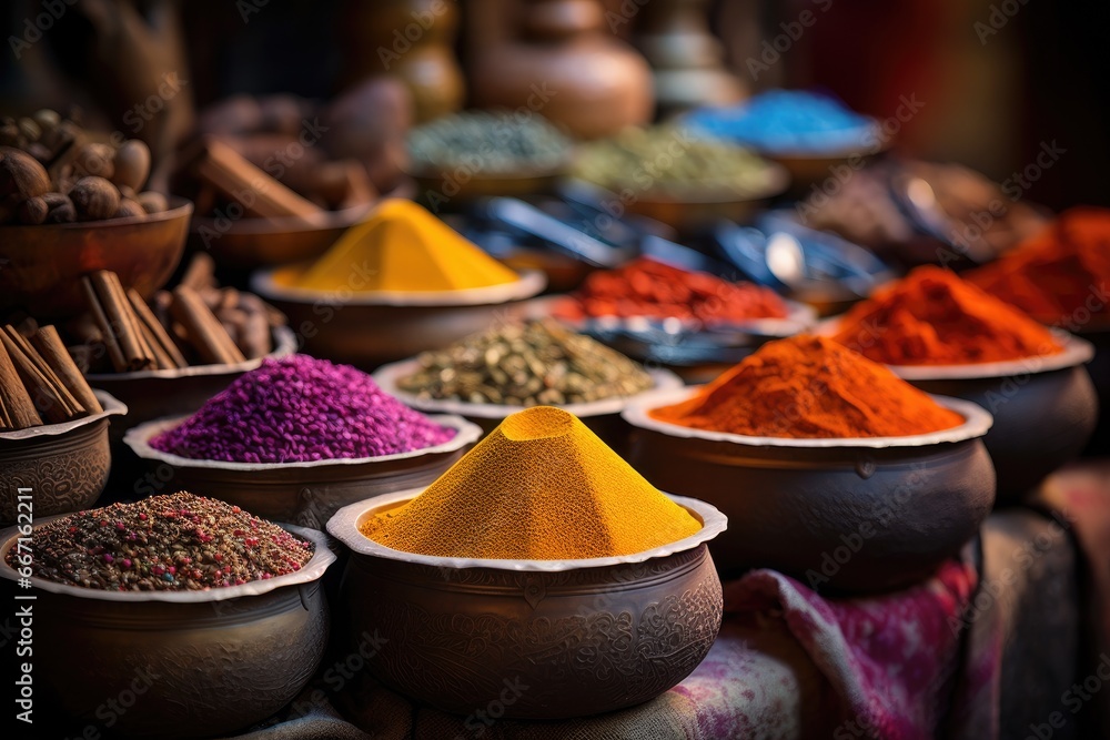 Colorful spices on the market in Bazaar, Immerse in an exotic spice bazaar, with colorful sacks and jars showcasing a diverse array of global flavors in a vibrant market setting, AI Generated - obrazy, fototapety, plakaty 