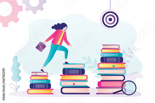 Knowledge, learning process. Smart student climbs stairs textbooks to target and goals. Wider and far reaching vision from learning and reading books
