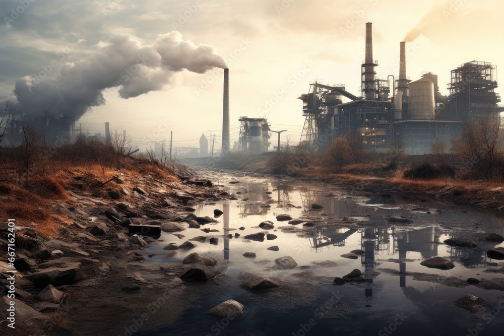 Industrial landscape with a river and smoking chimneys in the fog, industrial landscape with polluted river, pollution of the environment, environmental disaster, AI Generated