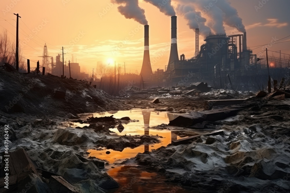 Industrial landscape with smokestack at sunset, 3d render, industrial landscape with polluted river, pollution of the environment, environmental disaster, AI Generated Industrial landscape with smokestack at sunset, 3d render, industrial landscape with polluted river, pollution of the environment, environmental disaster, AI Generated