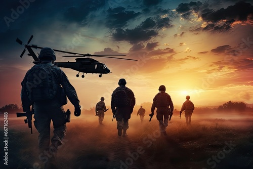 Military soldiers with helicopter in the field at sunset. Military concept, Infantry soldiers and helicopters on a sunset background, anonymous faces, AI Generated photo