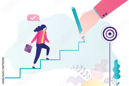 Business woman climbs career ladder, mentor hand draws path to goal, target. Help, support in business, cooperation to achieve success. Partnership, mentoring concept.