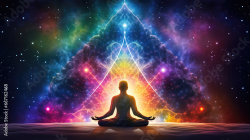 Meditating human silhouette in yoga lotus pose. Galaxy universe background. Colorful chakras and aura glow. Power of Mind. Psychic. Meditation and Spirituality Universe