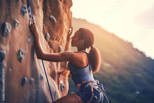 African sportswoman exercises climbing on climbing wall photo