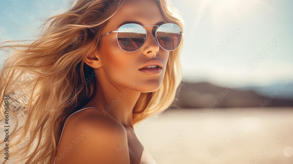  a woman with sunglasses on her head and long blonde hair.  generative ai