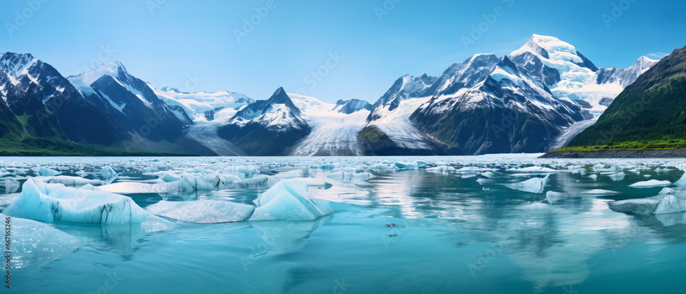Massive icebergs and Melting glacier against a mountain backdrop. Climate change concept for global warming, rising sea level, crisp cold air. Generative ai