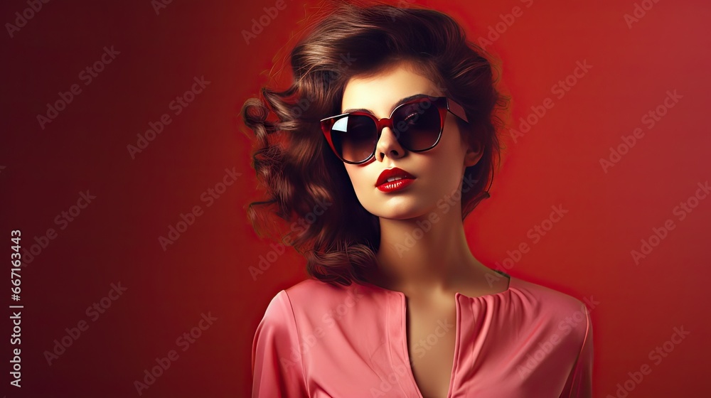  a woman wearing sunglasses and a pink dress with a red background.  generative ai