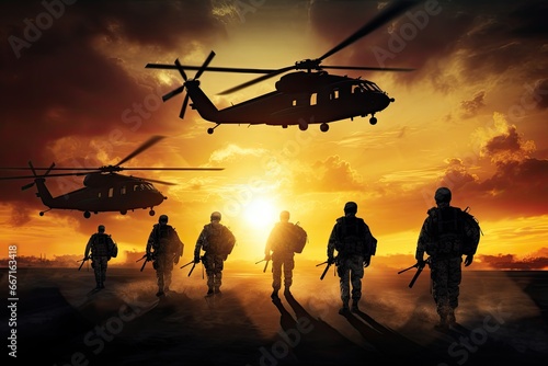 Silhouettes of soldiers and military helicopters at sunset. 3D rendering, Infantry soldiers and helicopters on a sunset background, anonymous faces, AI Generated photo
