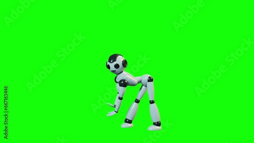 Smiling happy toy robot dancing 3d render green screen loop seamless