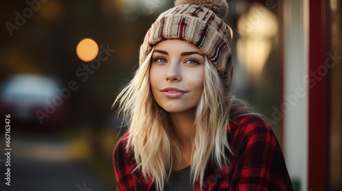  a woman wearing a hat and a plaid shirt is posing for a picture. generative ai