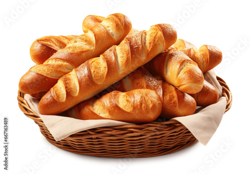 fresh loaves of wheat bread in a wicker basket, isolated