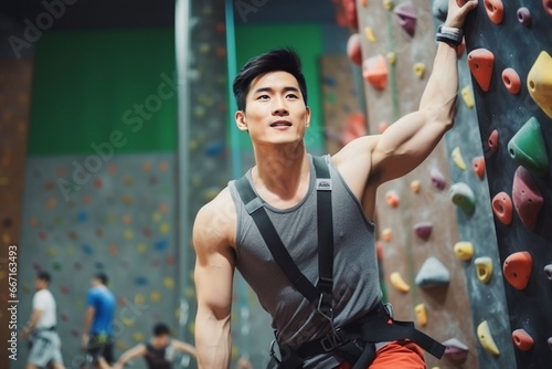 Asian sportsman exercises climbing on climbing wall