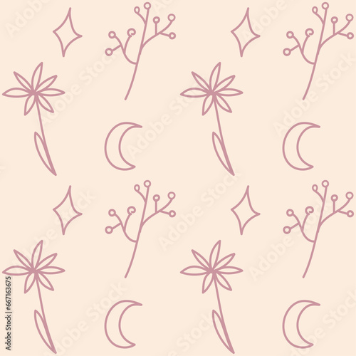Floral seamless pattern with elements. Boho style, bohemian. Pink flower, moon, candle, radiance. 