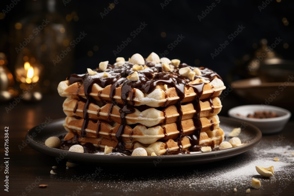  a stack of waffles covered in chocolate and marshmallows.  generative ai