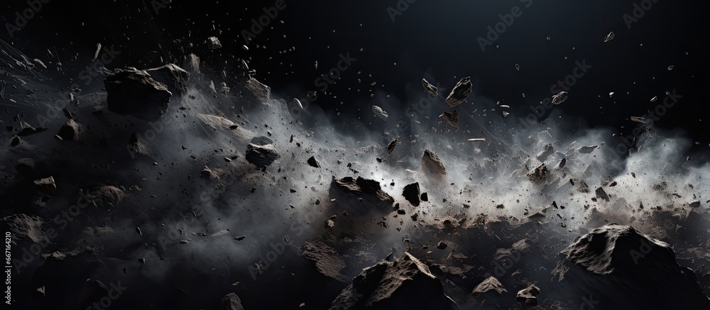 Artificial Intelligence rendered debris with dust on black background