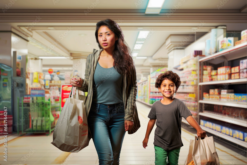 Hispanic mother and son with bags of merchandise walking in supermarket Hispanic mother and son with bags of merchandise walking in supermarket