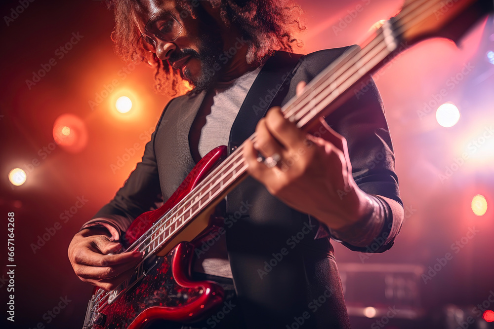 Obraz premium Bokeh Beat: Bassist in the Groove at the Rock Show
